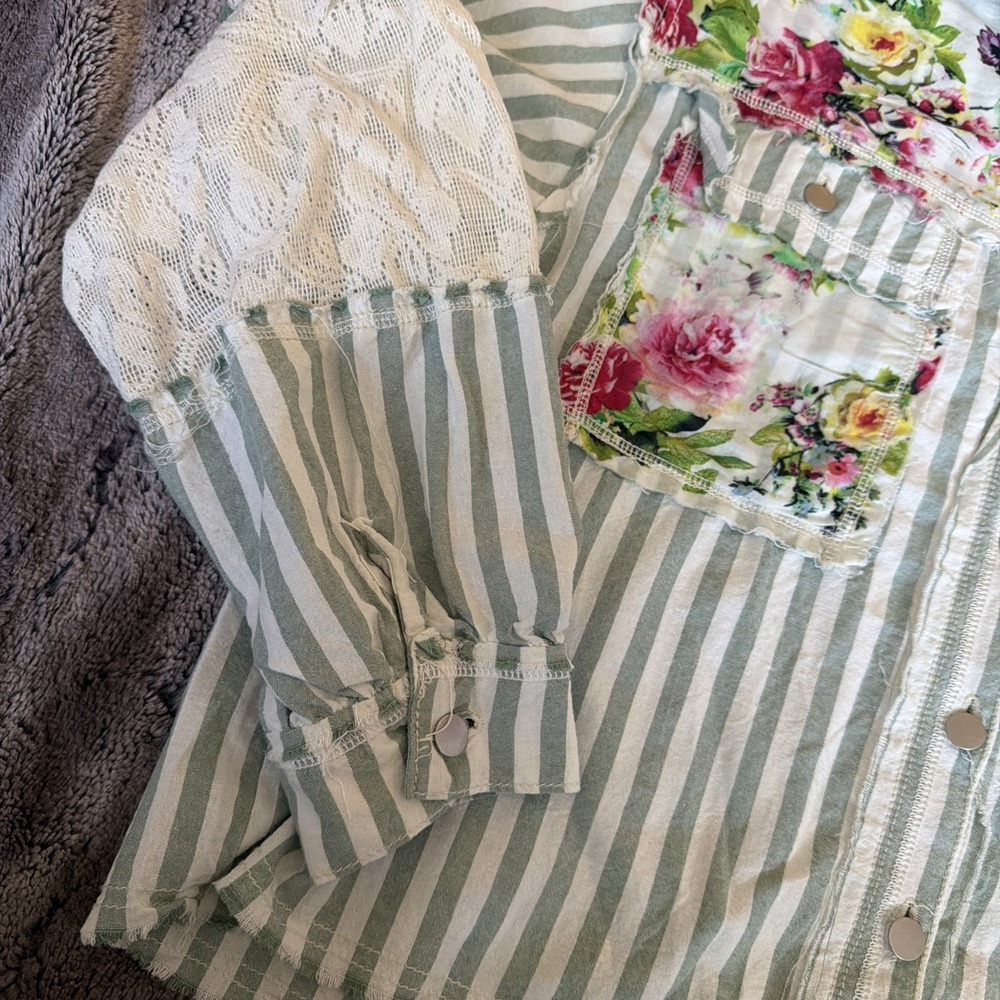 Pol Patchwork Lace Blue White Stripe Button Up Sh… - image 3